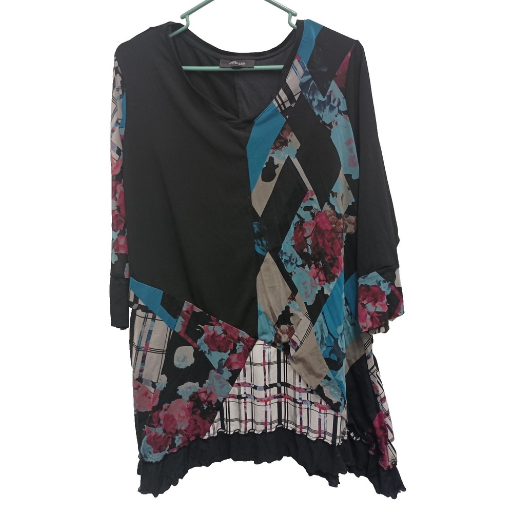 Style & Co Womens BOHO Artsy Tunic Top Size 1X Patchwork 3/4 Sleeve Ruffle